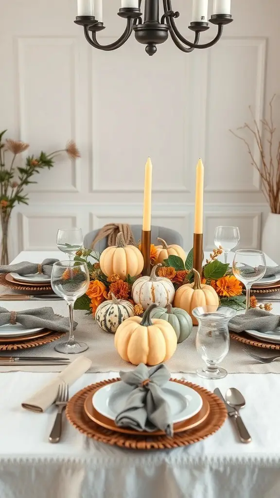 37+ Creative Indoor Fall Decorations You’ll Love 13 A beautifully arranged autumn-inspired table centerpiece featuring pumpkins, flowers, and candles.