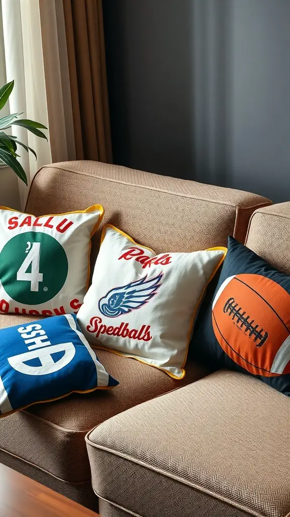 19+ Inspiring Sports Room Decor Ideas to Elevate Your Space 3 A couch with sport-themed throw pillows featuring basketball, baseball, and colorful designs.