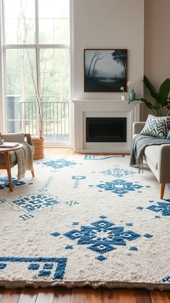 27+ Stunning Ideas for a Neutral and Blue Living Room Decor 19 A cozy living room featuring a statement rug with blue designs on a cream background, complementing neutral decor.