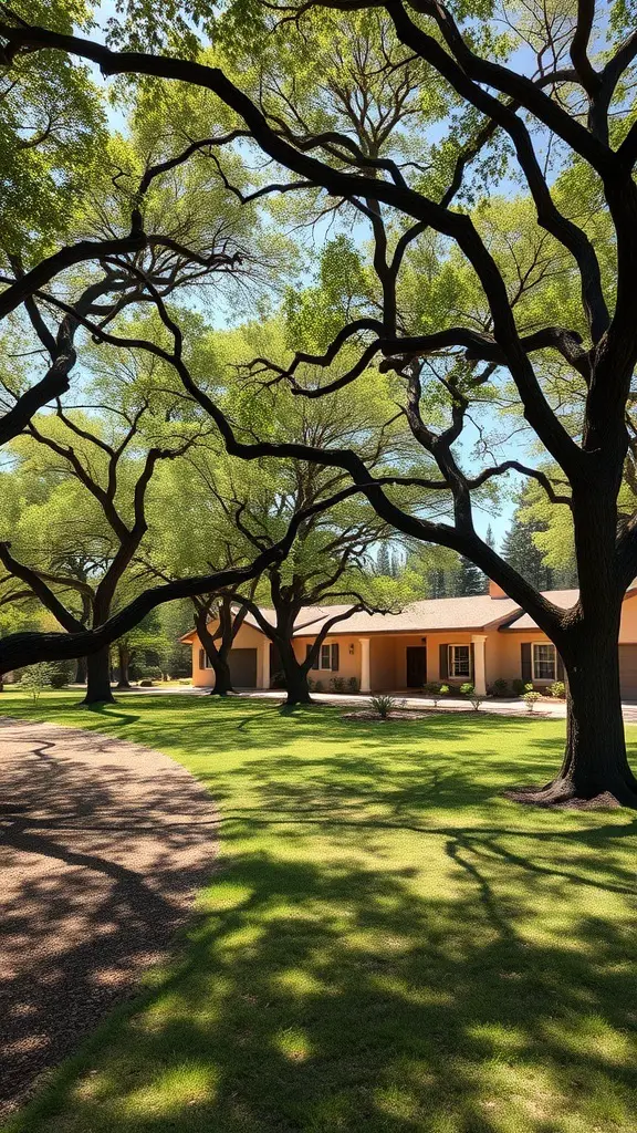 A beautiful landscape featuring large trees providing shade and enhancing the beauty of a home.
