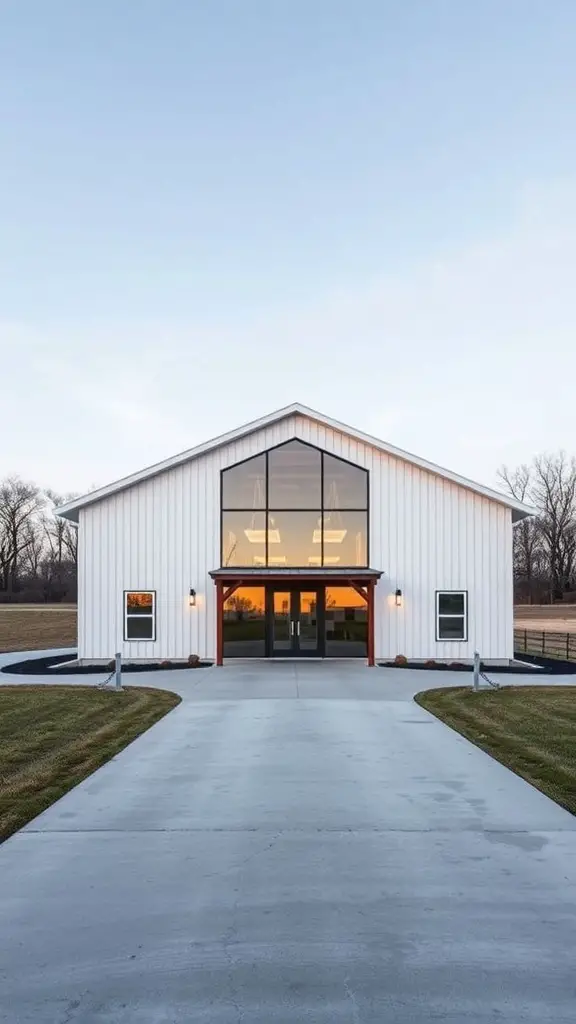 35+ Unique Pole Barn House Plans You'll Love 3 Modern pole barn house with large windows and a sleek white exterior.