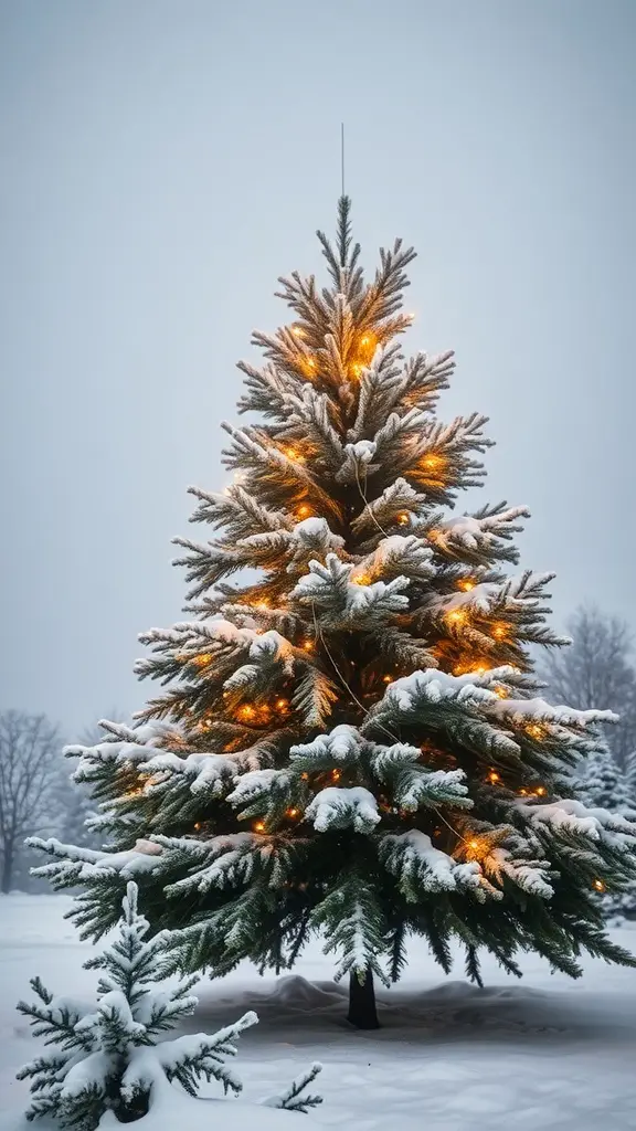 23+ Vintage Christmas Tree Ideas for a Festive Holiday Look 15 A vintage Christmas tree covered in snow with warm lights glowing in a snowy landscape.