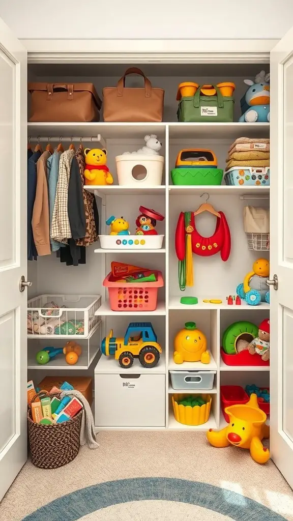 A well-organized kids closet with toys and clothes neatly arranged.