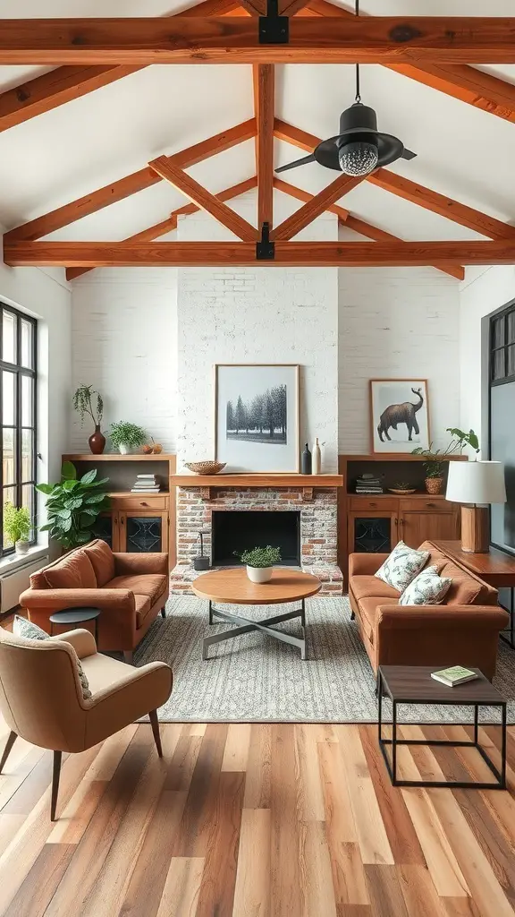 A cozy living room featuring exposed wooden beams, modern furniture, and a warm color palette.