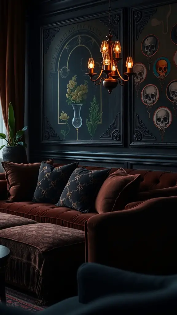 25+ Dark Academia Living Room Essentials You Need for a Cozy Aesthetic 3 A dark academia living room featuring a velvet sofa, patterned cushions, and a dramatic mural.