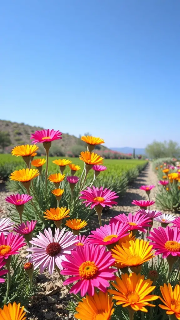 Colorful desert flowers in various shades of pink, yellow, and orange against a clear blue sky.