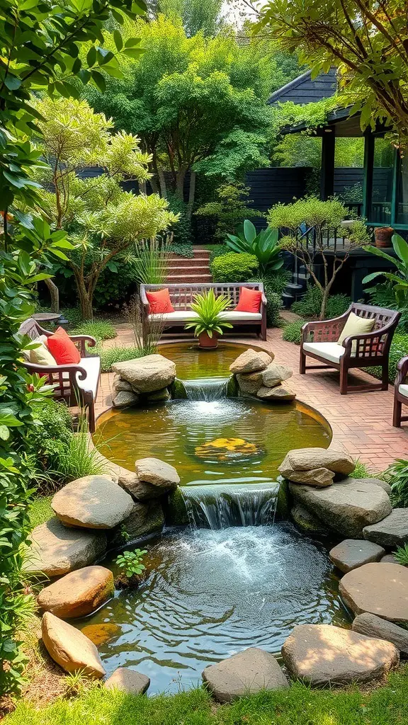 A tranquil garden featuring a pond with waterfalls, surrounded by lush greenery and seating areas.