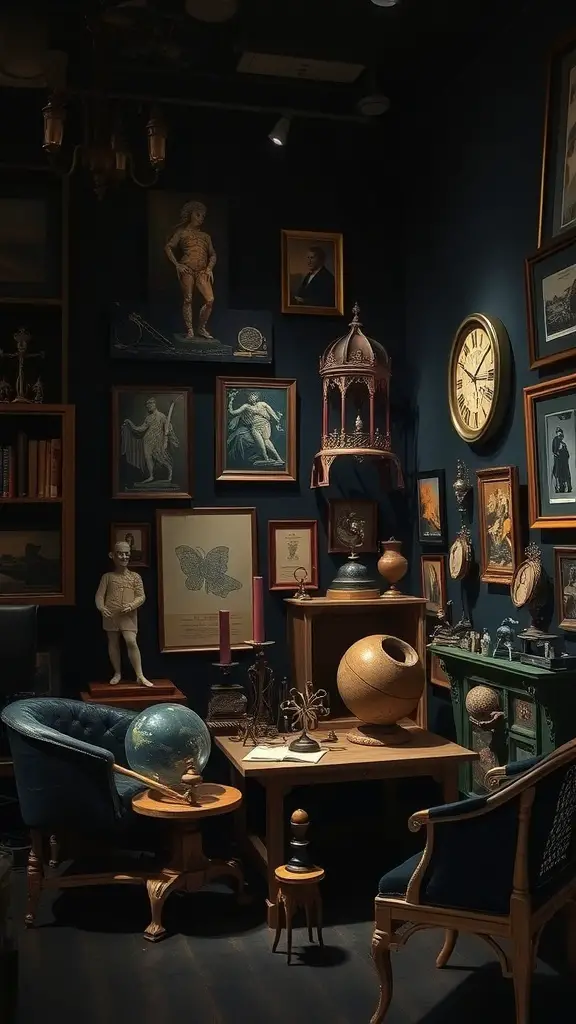 35+ Essential Dark Academia Decor Ideas for a Cozy Aesthetic 10 A cozy dark academia interior featuring vintage art, curiosities, and plush seating.