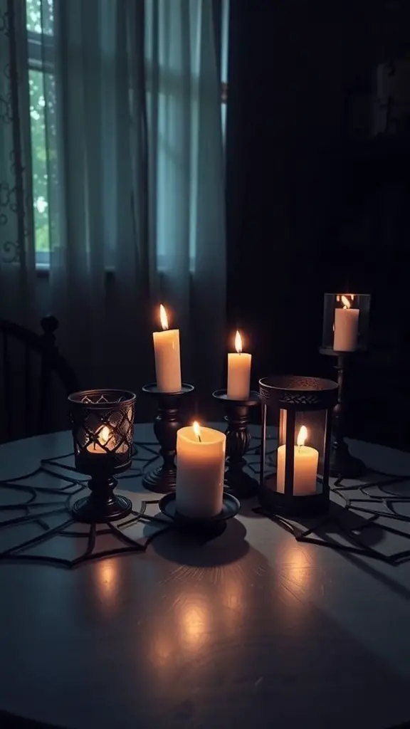 A collection of candles in various holders on a table, creating a spooky atmosphere for Halloween.
