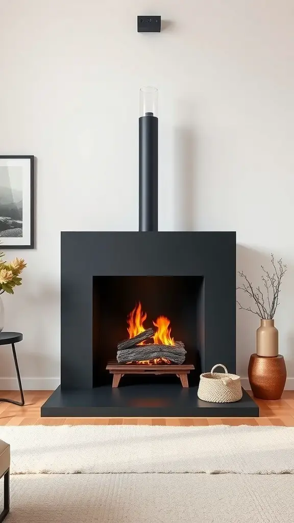 29+ Stunning Wood Stove Fireplace Surround Ideas to Warm Up Your Home 9 A modern minimalist wood stove fireplace with a black surround and glass chimney, featuring a cozy fire.