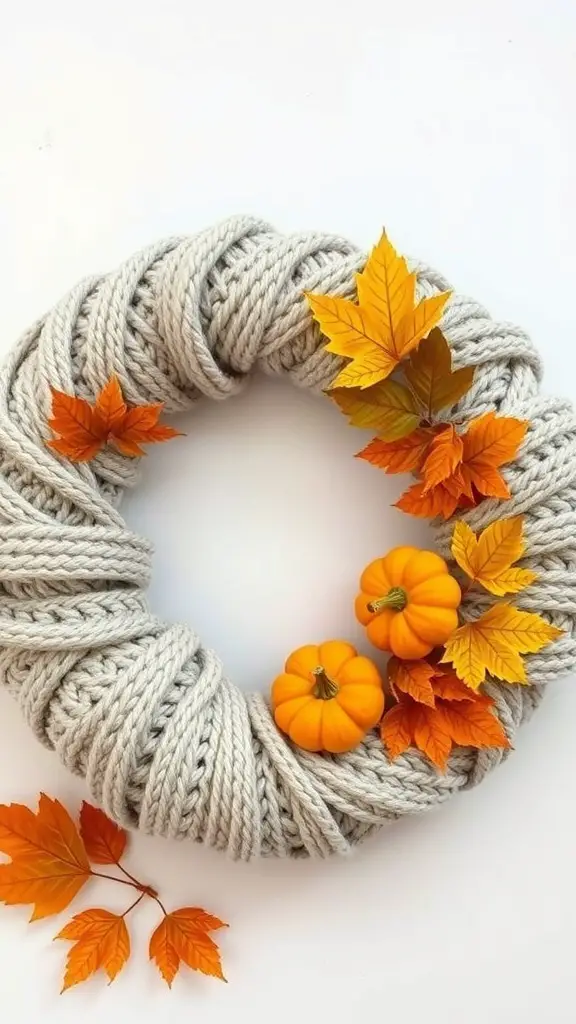 A cozy sweater yarn wreath decorated with orange pumpkins and autumn leaves.