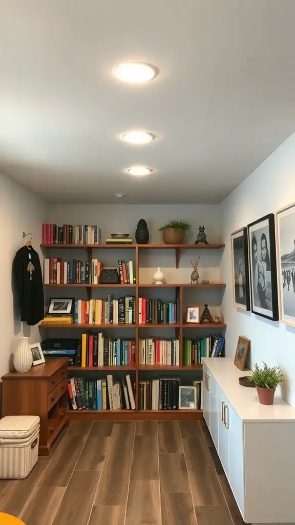 A cozy basement with a tall bookshelf filled with books, decorative items, and a small white cabinet.