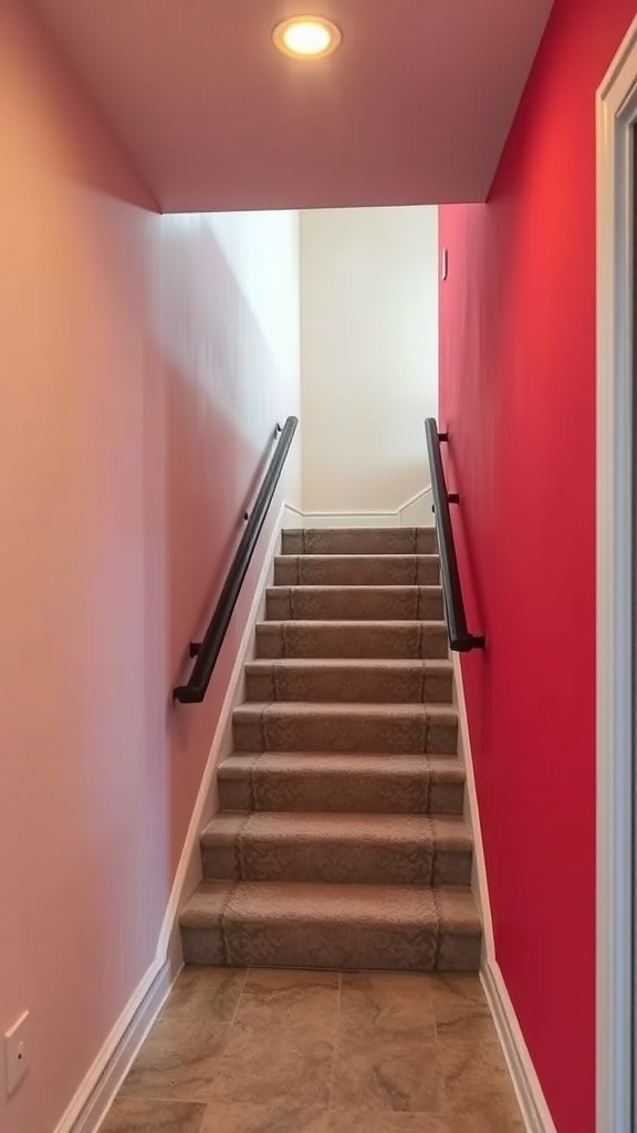 29+ Creative Basement Stairwell Ideas to Transform Your Space 19 A basement stairwell with a bold red accent wall and soft beige walls.