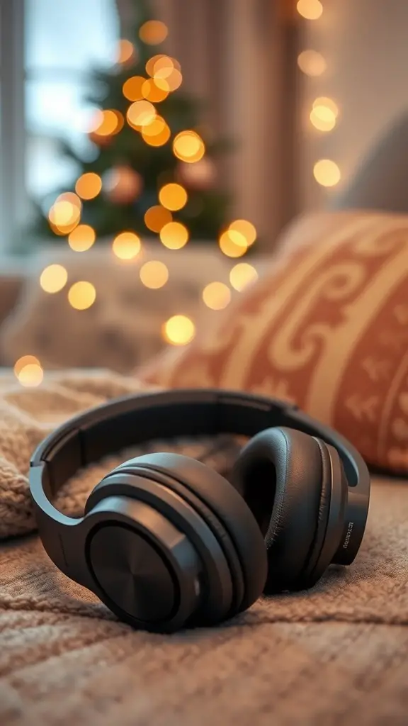A pair of Bluetooth noise-canceling headphones on a cozy blanket with a Christmas tree in the background.