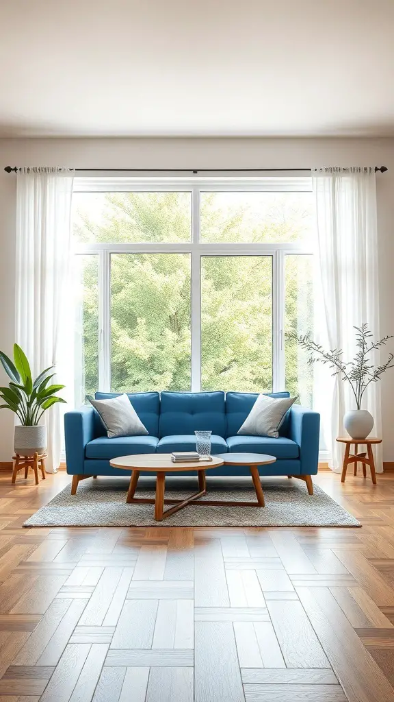 29+ Stunning Blue Couch Living Room Ideas You’ll Love 2 Bright living room with a blue couch, large windows, and natural light