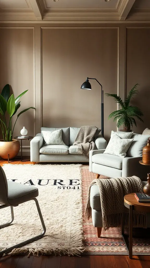 29+ Stunning Ralph Lauren Home Living Room Ideas for an English-Inspired Aesthetic 4 A cozy living room with layered textures, featuring soft furniture, a patterned rug, and plants.