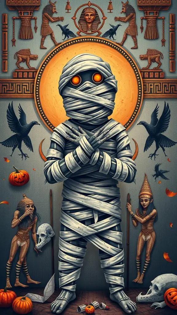 A mummy character with glowing eyes surrounded by Halloween decorations like pumpkins and skulls.