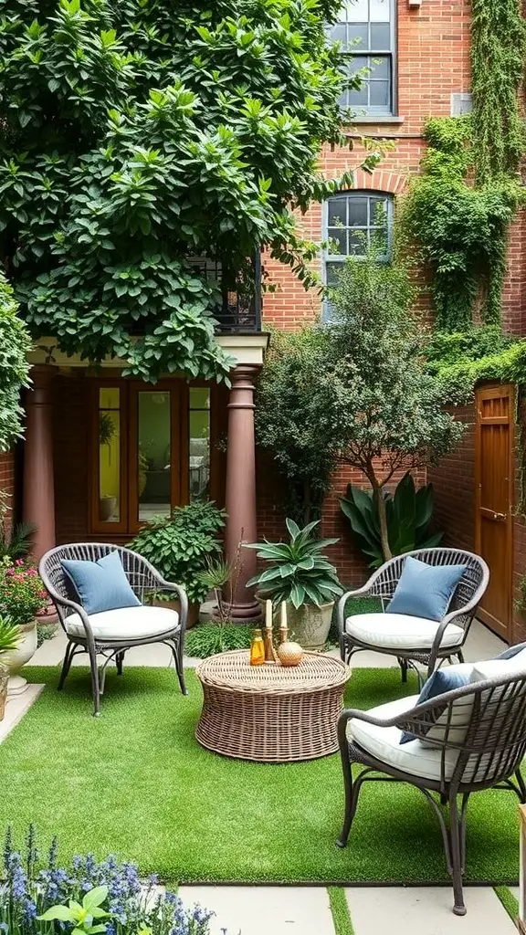 A cozy townhouse garden with wooden furniture, colorful cushions, and vibrant plants.
