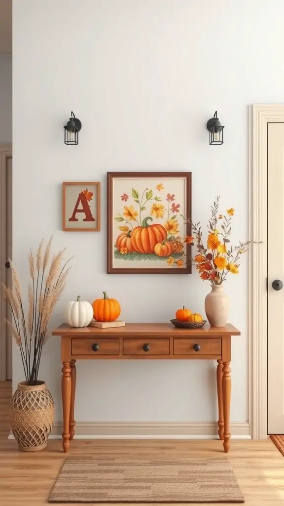 27+ Fall Entry Table Decor Ideas with 15 A cozy entryway featuring a wooden table with pumpkins and a wall hanging of pumpkins and flowers.