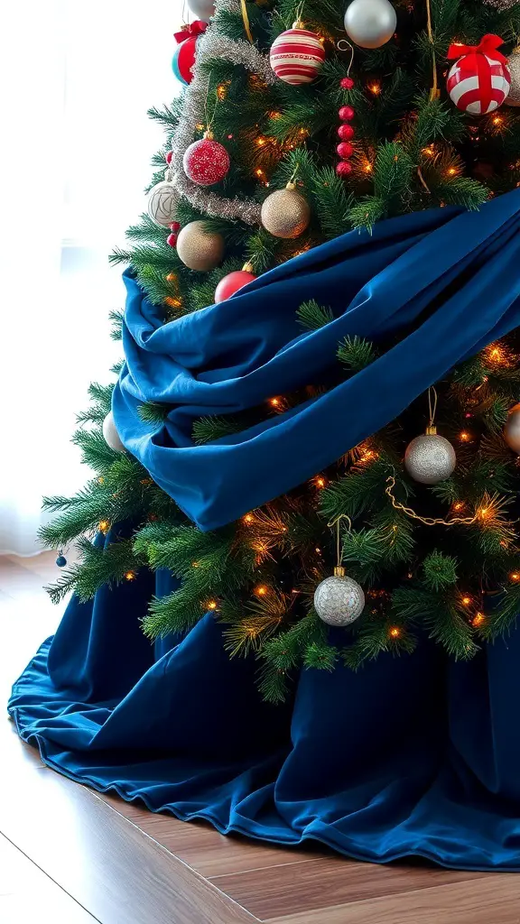 37+ Stunning Blue Christmas Decor Ideas for a Festive Winter Wonderland 9 A blue Christmas tree skirt draped around a decorated Christmas tree.