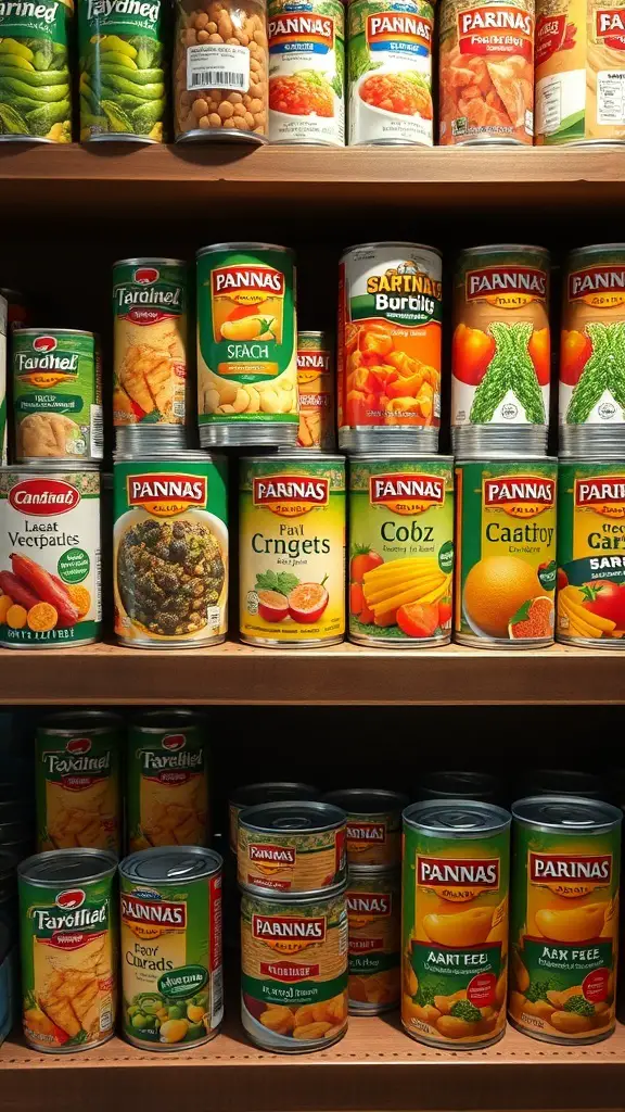 A variety of canned foods on a shelf, showcasing different types of vegetables, fruits, and meats.