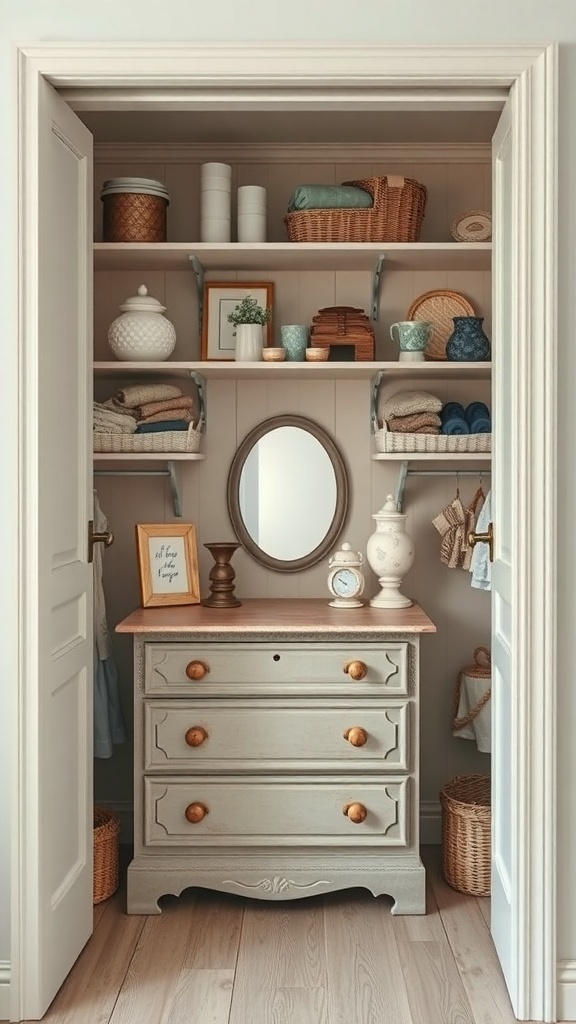 25+ Stylish Closet Ideas Featuring Dressers Inside 13 A cozy closet featuring a vintage dresser with decorative items and organized shelves.