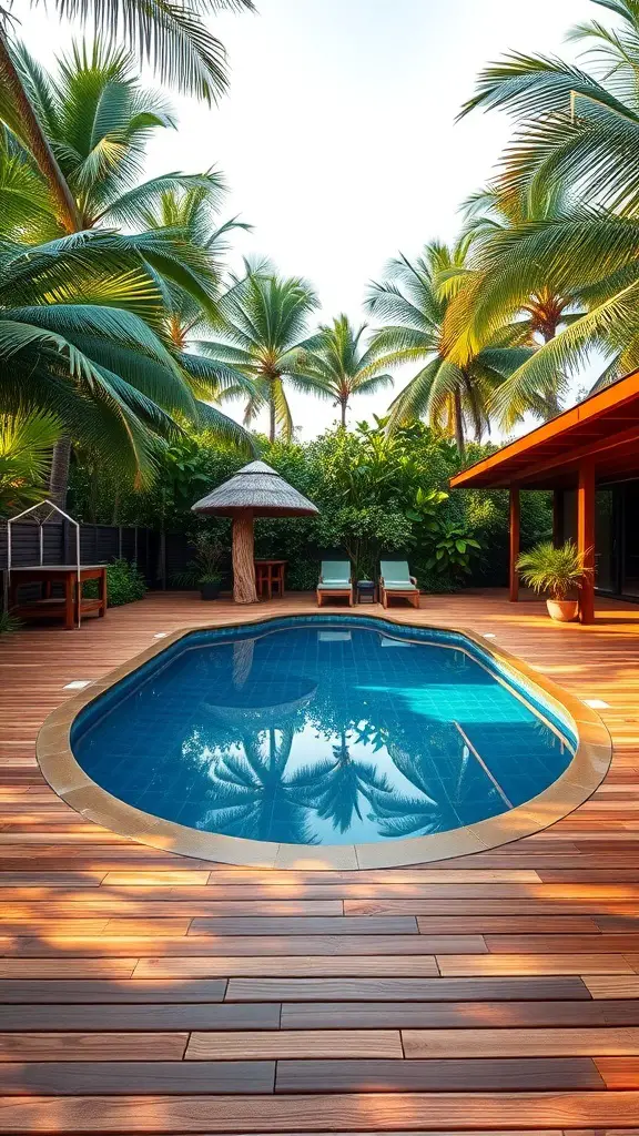 Tropical pool area with natural wood decking and palm trees