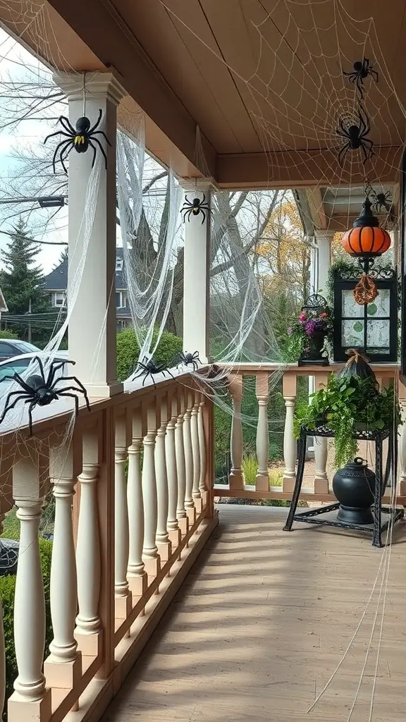 29+ Creative Halloween Porch Ideas to Spookify Your Home 9 A porch decorated with spider webs and plastic spiders for Halloween