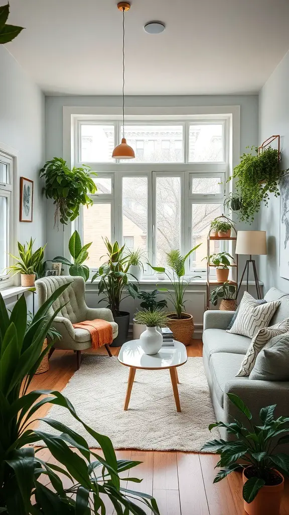 A cozy vintage modern living room filled with various indoor plants, featuring large windows and natural light.