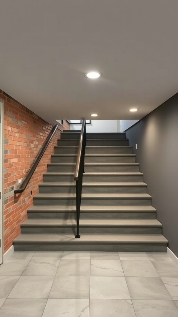 29+ Creative Basement Stairwell Ideas to Transform Your Space 20 A modern basement stairwell with grey stairs and a brick wall.