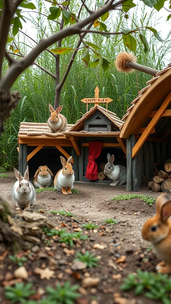 27+ Must-Have Features for the Ultimate Rabbit Playground 15 A playful scene featuring several rabbits around charming wooden shelters in a grassy area.