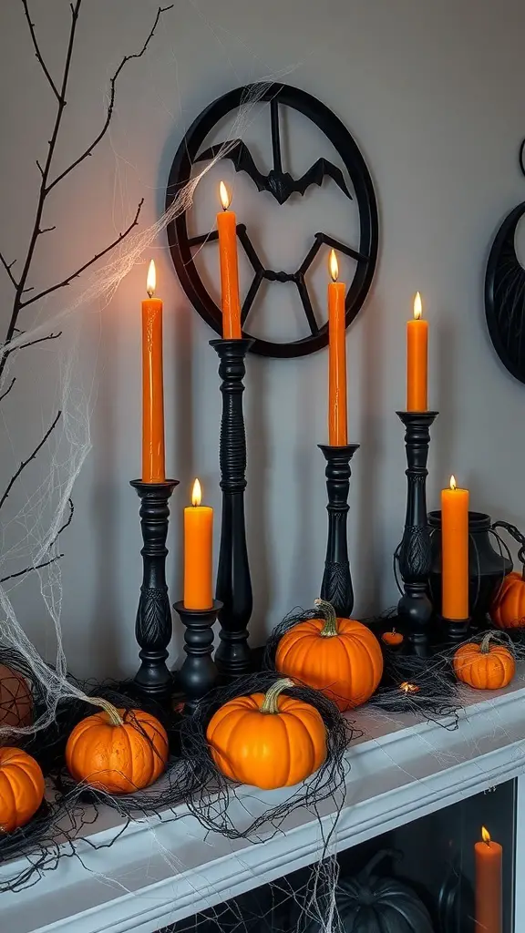 27+ Spook-tacular Halloween Mantel Decor Ideas with 15 Must-Have Items 7 A spooky candle arrangement with orange candles on black candlesticks, surrounded by small pumpkins and spider webs.