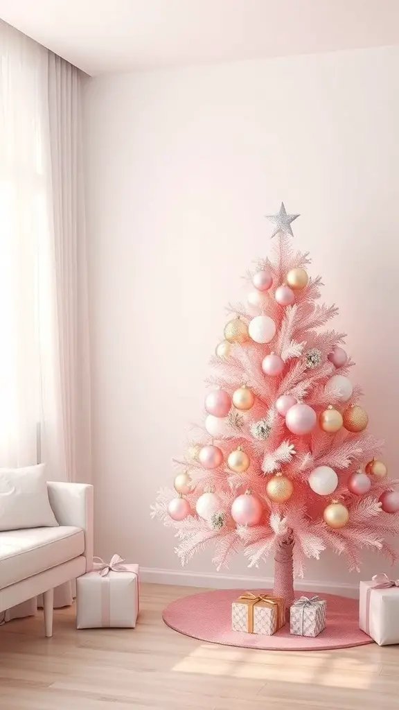 31+ Pink Christmas Tree Ideas to Brighten Your Holiday Décor 8 A modern minimalist pink Christmas tree with pastel ornaments and gifts underneath.