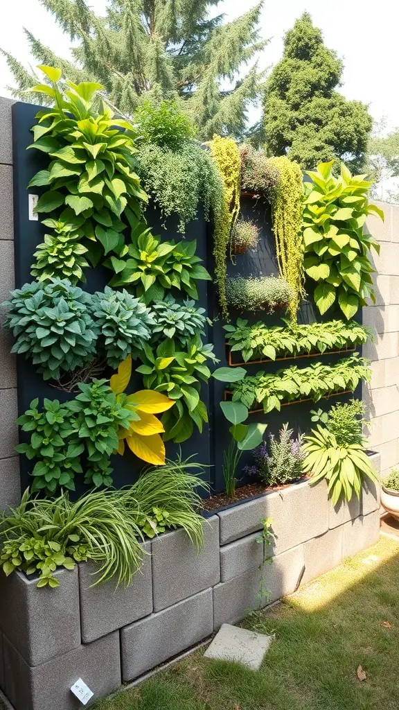 A vertical garden featuring a variety of lush green plants arranged on a wall.