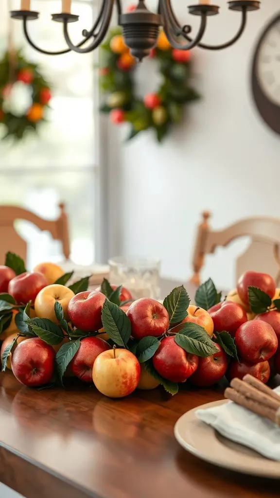 23+ Stunning Fall Garland Ideas for a Cozy Home Decor 9 A table decorated with a garland of red and yellow apples, with cinnamon sticks and a warm wooden surface.