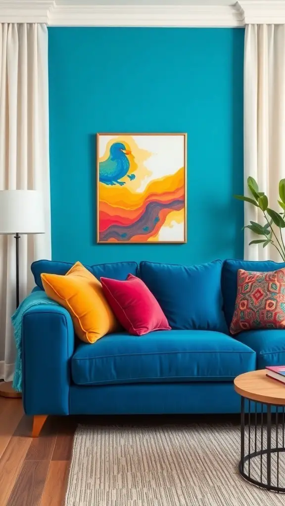 A bright blue sofa with colorful pillows, a turquoise wall, and a piece of abstract art.