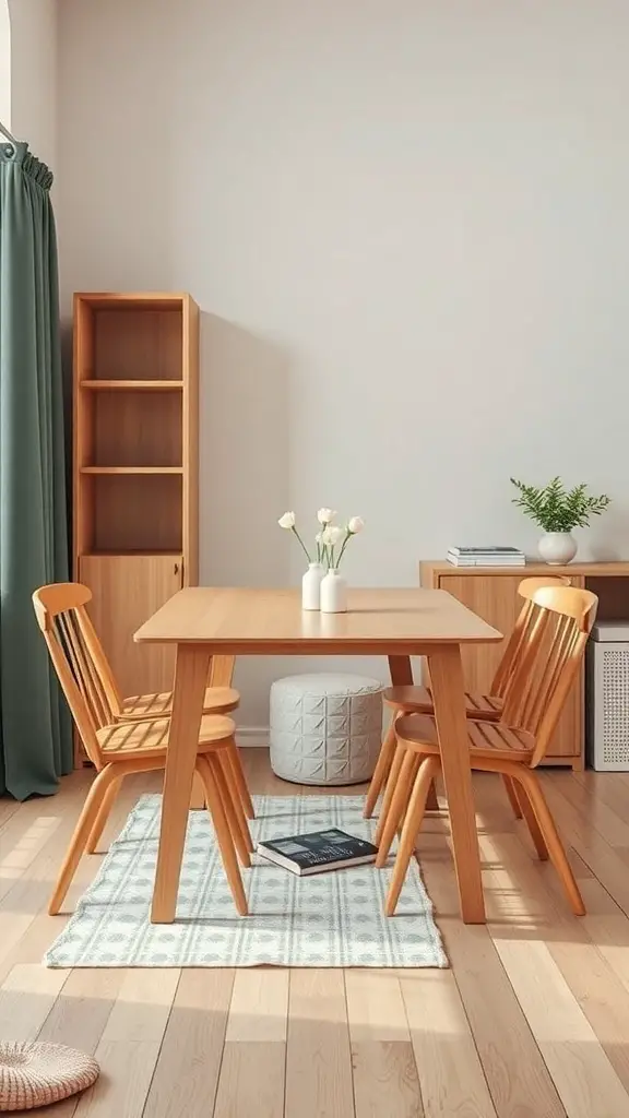 29+ Small Room Organization Ideas You Need to Try 21 A small dining area with a wooden table and chairs, showcasing foldable and expandable furniture options.