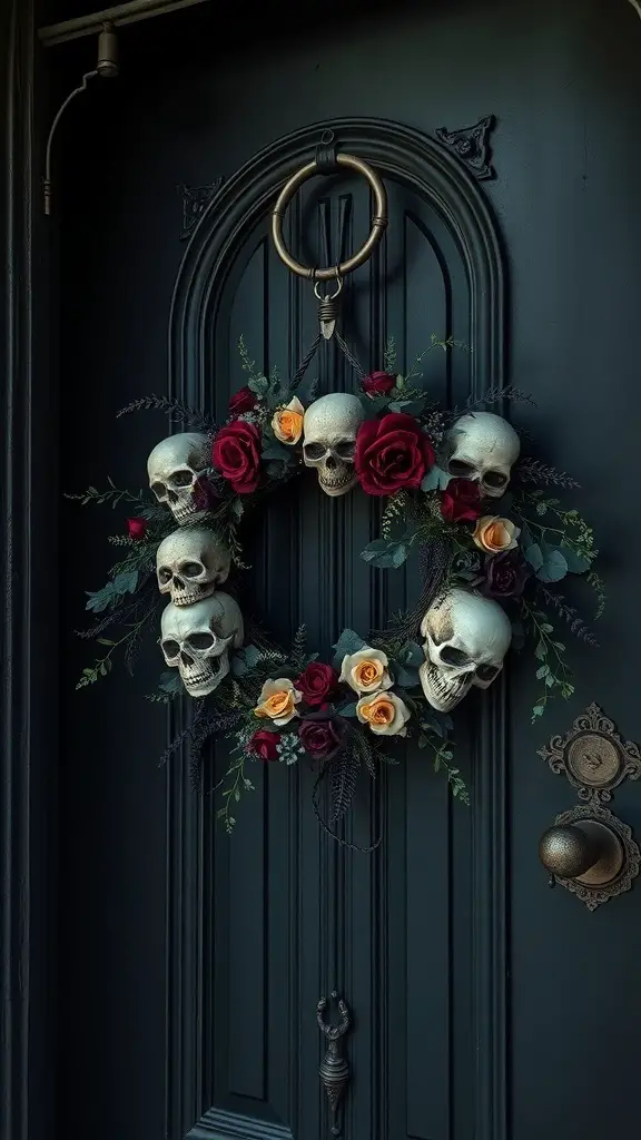 A Halloween wreath featuring skulls and roses, perfect for spooky decor.