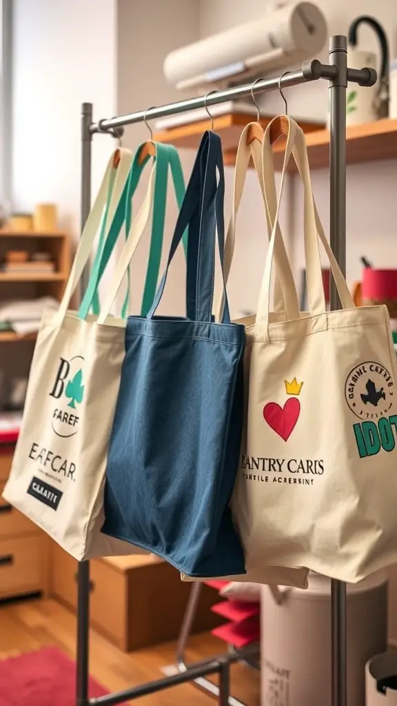 A variety of custom tote bags hanging on a rack, showcasing different colors and designs.