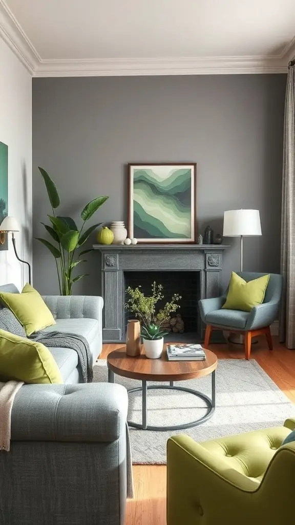27+ Stunning Grey and Green Living Room Ideas 12 A stylish grey and green living room with plants, artwork, and cozy accessories.