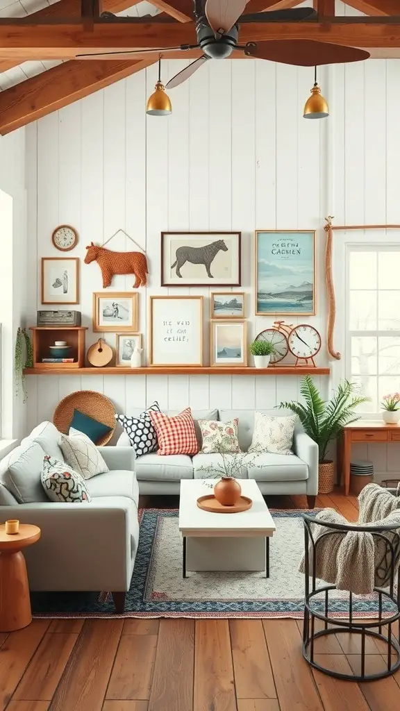 27+ Vintage Farmhouse Living Room Ideas for Cozy Charm 11 A cozy vintage farmhouse living room with a mix of textures and personal decor elements.