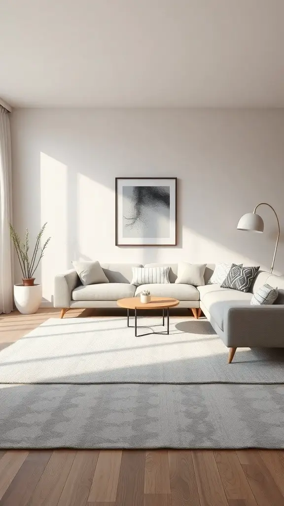 A modern minimalist living room with neutral tones, featuring gray sofas, a round coffee table, and a light rug.