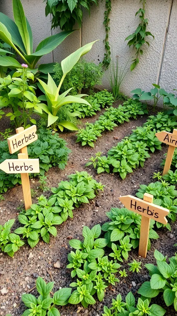 27+ Stunning English Garden Landscaping Ideas You’ll Love 15 A vibrant herb garden corner with labeled plants and lush greenery.