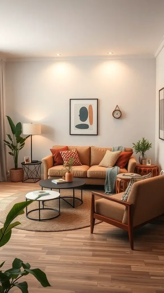 27+ Stunning Small Living Room and Dining Area Combinations 10 A small living room featuring a cozy sofa, coffee table, and accent chairs, with plants and artwork on the walls.