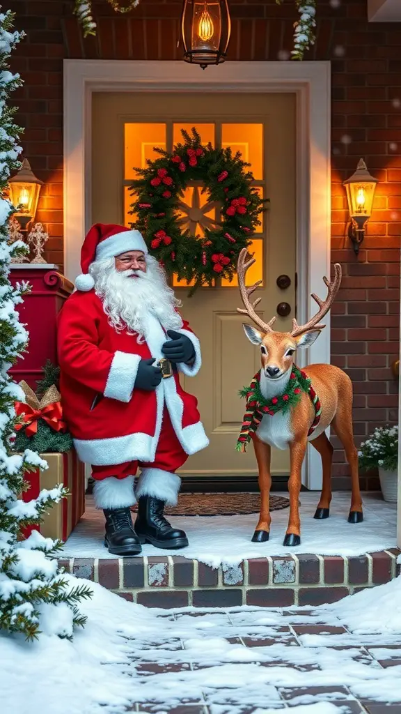23+ Festive Front Porch Christmas Decor Ideas You’ll Love 8 A classic Santa and reindeer display on a front porch during winter.