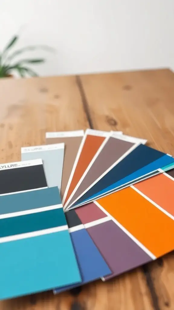 Color swatches of blue and orange shades on a wooden table