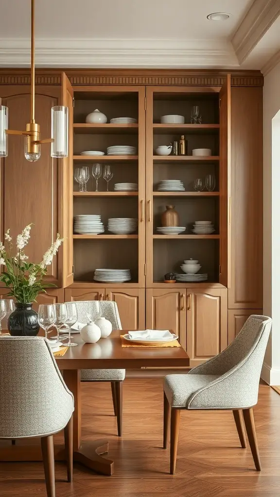 A modern dining room featuring stylish cabinets with glass doors, showcasing plates and decor, with a glass dining table and floral centerpiece.