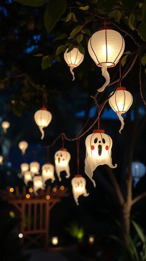 Whimsical ghost lanterns hanging from branches, glowing softly in the night.