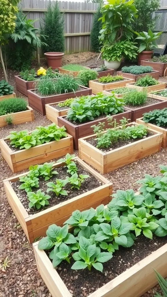 A vibrant small sloped garden featuring raised planter boxes filled with various herbs and vegetables.