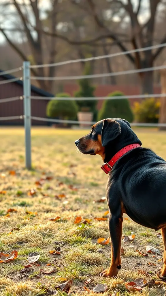 A dog standing near an invisible fence in a yard